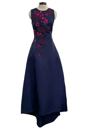 c2014 Christian Dior by Raf Simons Blue Silk Faille Dress w Pink Floral Embroidery & Beads