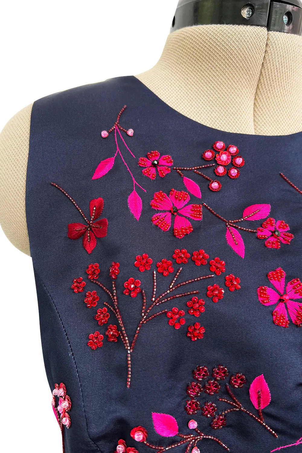 c2014 Christian Dior by Raf Simons Blue Silk Faille Dress w Pink Floral Embroidery & Beads