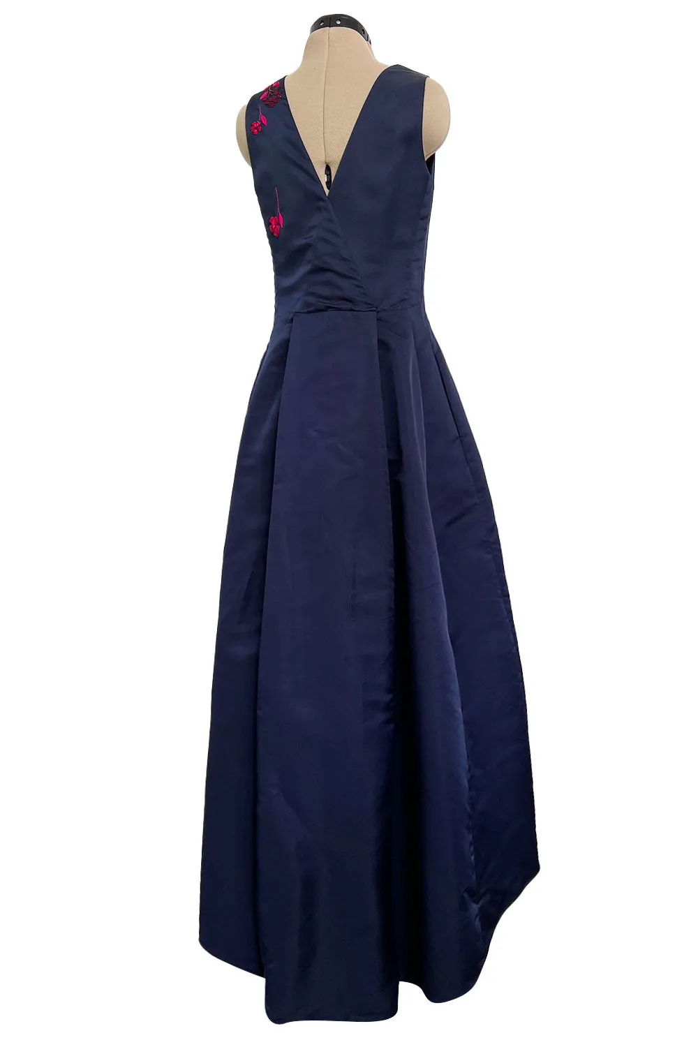 c2014 Christian Dior by Raf Simons Blue Silk Faille Dress w Pink Floral Embroidery & Beads