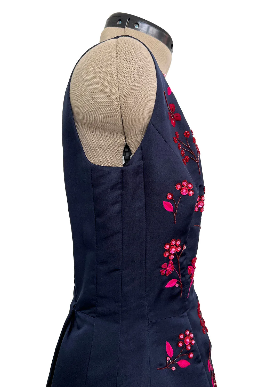 c2014 Christian Dior by Raf Simons Blue Silk Faille Dress w Pink Floral Embroidery & Beads