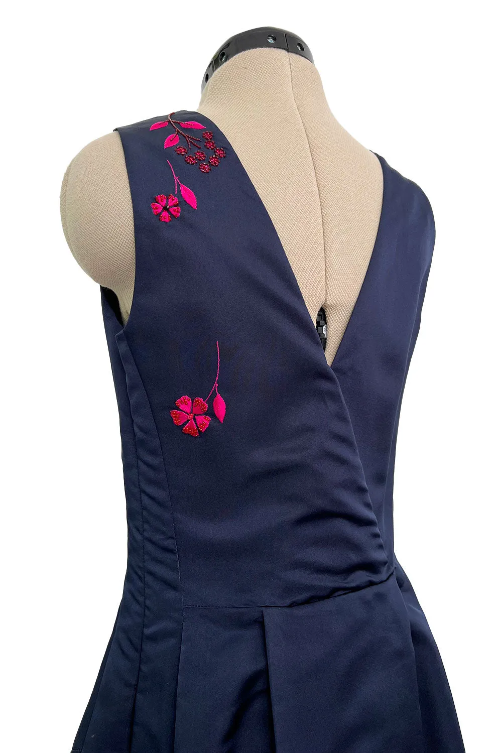 c2014 Christian Dior by Raf Simons Blue Silk Faille Dress w Pink Floral Embroidery & Beads