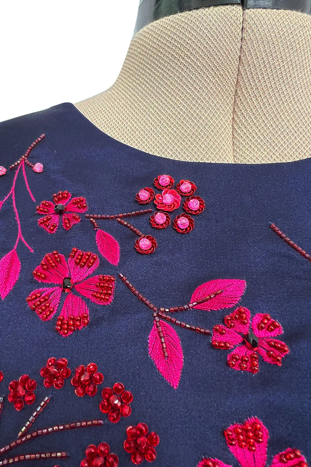 c2014 Christian Dior by Raf Simons Blue Silk Faille Dress w Pink Floral Embroidery & Beads