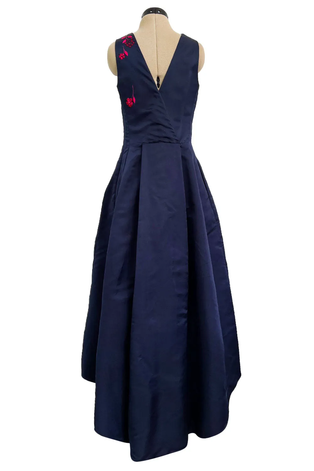 c2014 Christian Dior by Raf Simons Blue Silk Faille Dress w Pink Floral Embroidery & Beads