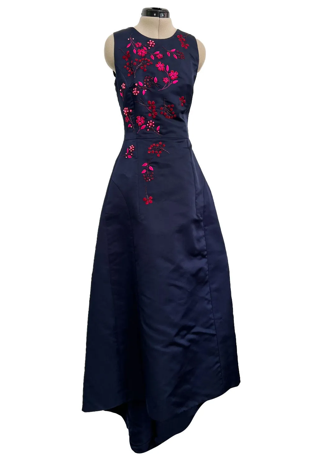 c2014 Christian Dior by Raf Simons Blue Silk Faille Dress w Pink Floral Embroidery & Beads