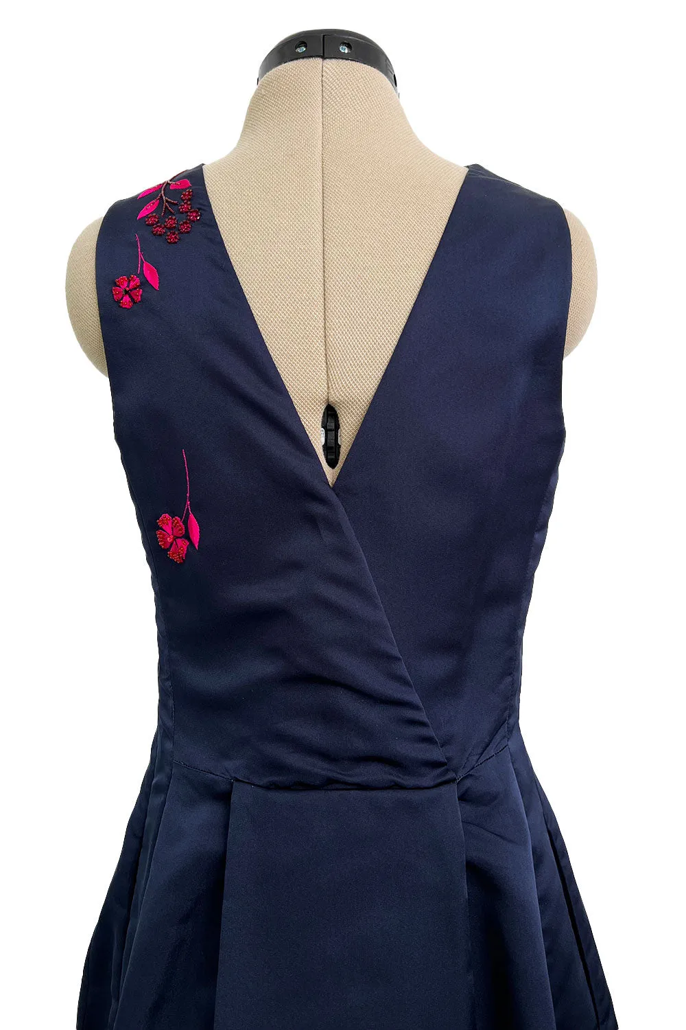 c2014 Christian Dior by Raf Simons Blue Silk Faille Dress w Pink Floral Embroidery & Beads