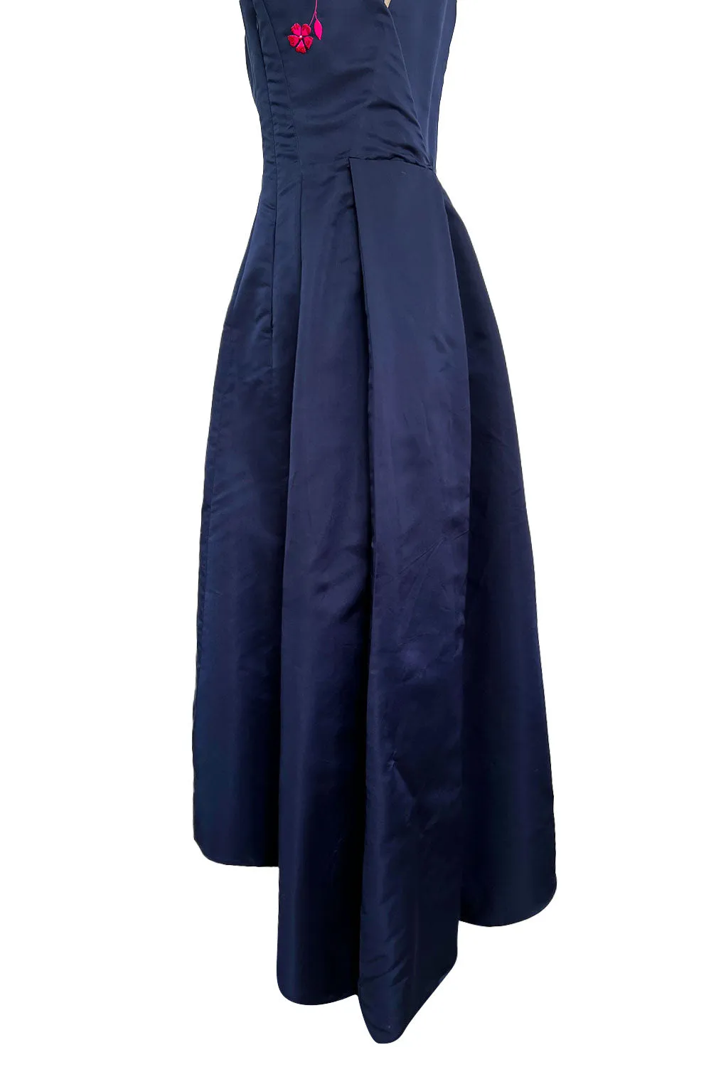 c2014 Christian Dior by Raf Simons Blue Silk Faille Dress w Pink Floral Embroidery & Beads