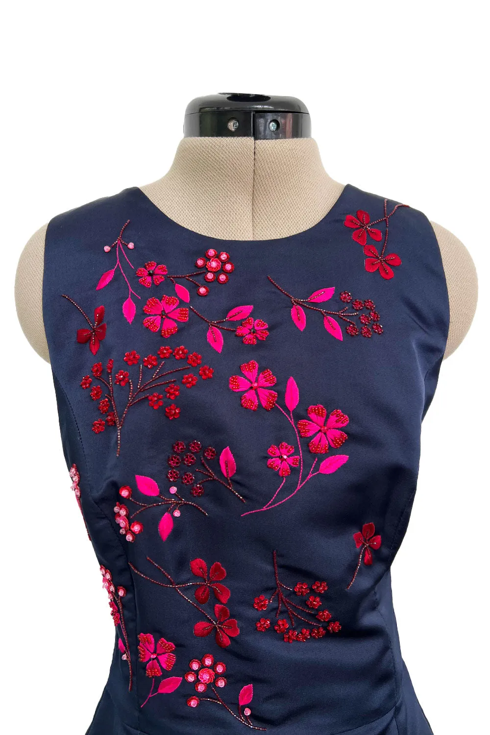 c2014 Christian Dior by Raf Simons Blue Silk Faille Dress w Pink Floral Embroidery & Beads