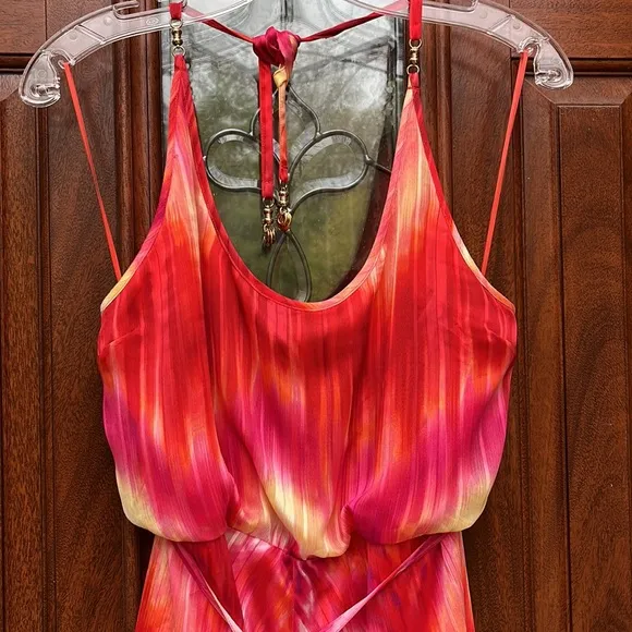 Cache Red Pink Orange Tie Dye Chiffon Dress Sz M/L
