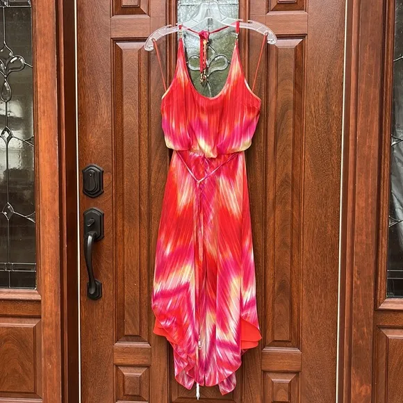 Cache Red Pink Orange Tie Dye Chiffon Dress Sz M/L