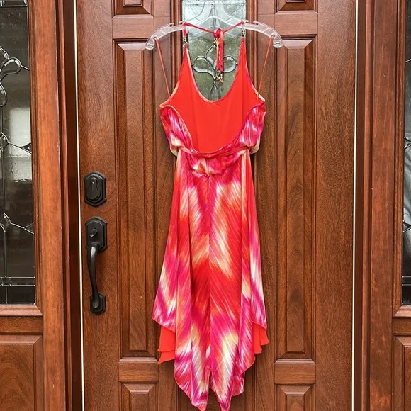 Cache Red Pink Orange Tie Dye Chiffon Dress Sz M/L