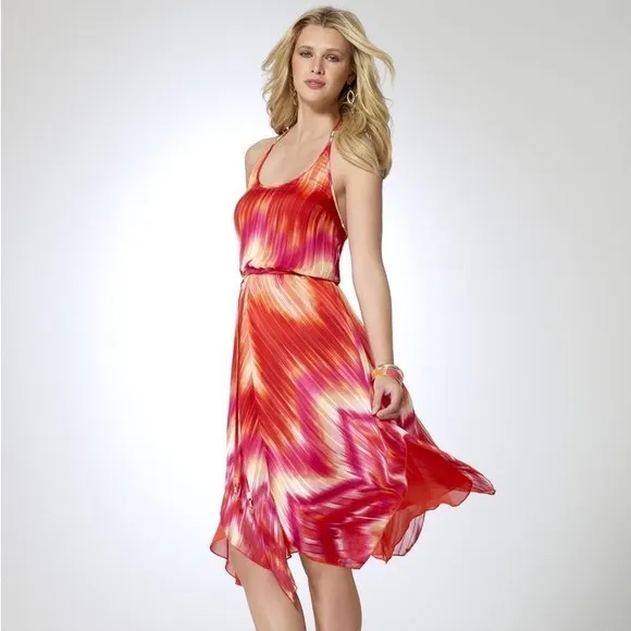 Cache Red Pink Orange Tie Dye Chiffon Dress Sz M/L