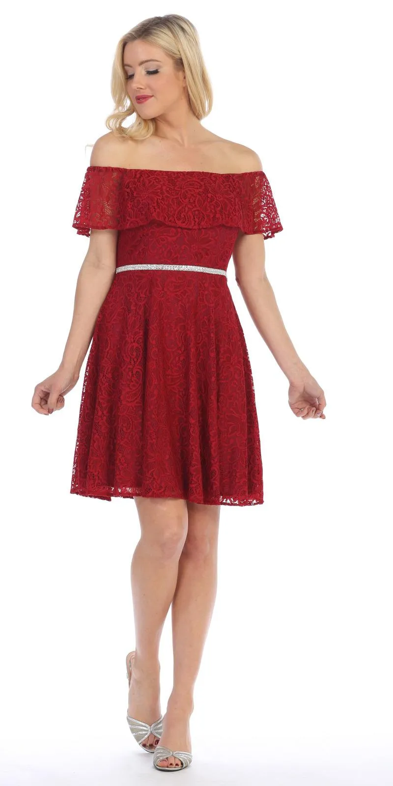 Celavie 6317 Ruffled Off Shoulder Lace A-Line Dress
