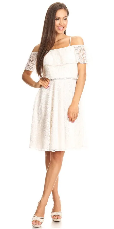 Celavie 6317 Ruffled Off Shoulder Lace A-Line Dress