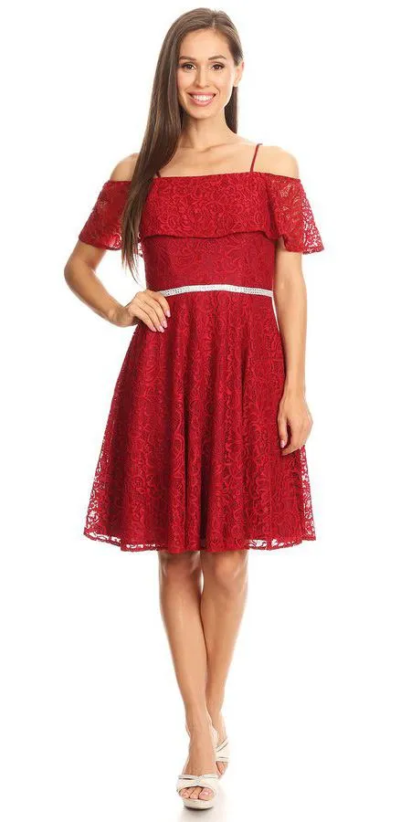 Celavie 6317 Ruffled Off Shoulder Lace A-Line Dress