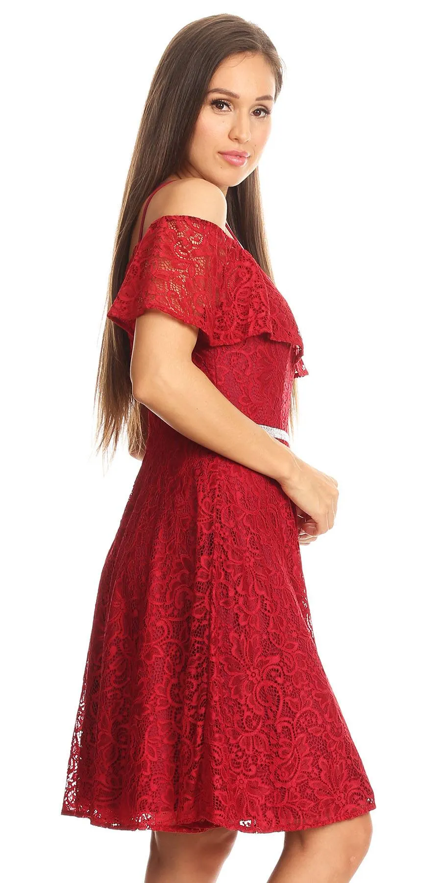 Celavie 6317 Ruffled Off Shoulder Lace A-Line Dress