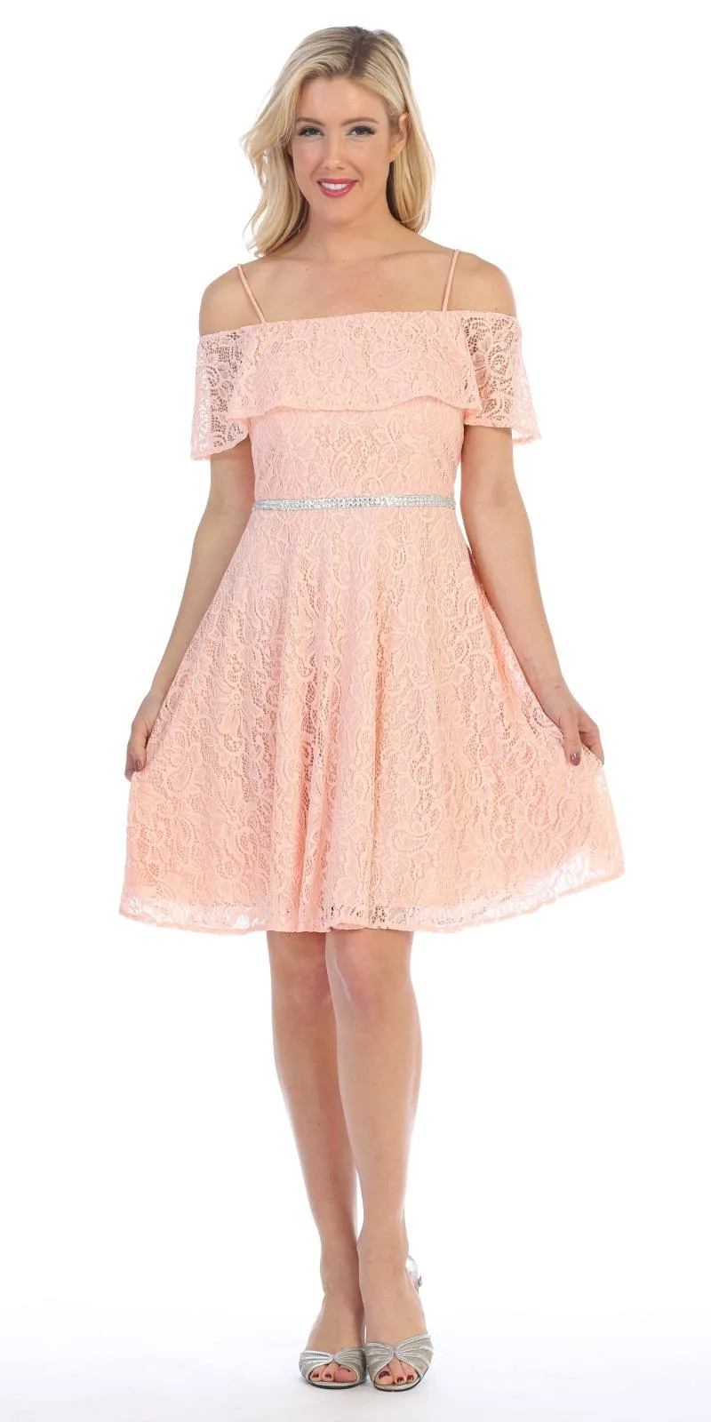 Celavie 6317 Ruffled Off Shoulder Lace A-Line Dress