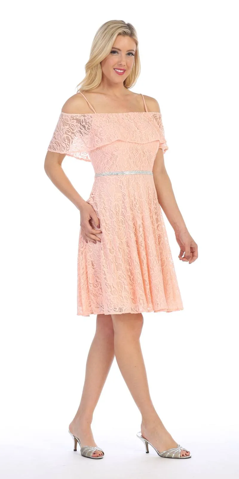 Celavie 6317 Ruffled Off Shoulder Lace A-Line Dress
