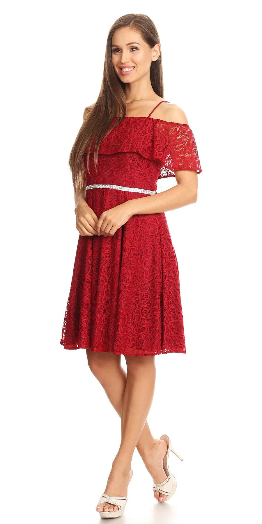 Celavie 6317 Ruffled Off Shoulder Lace A-Line Dress