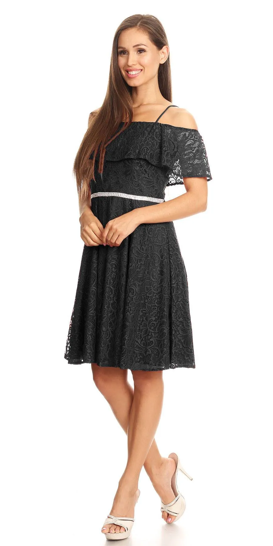 Celavie 6317 Ruffled Off Shoulder Lace A-Line Dress