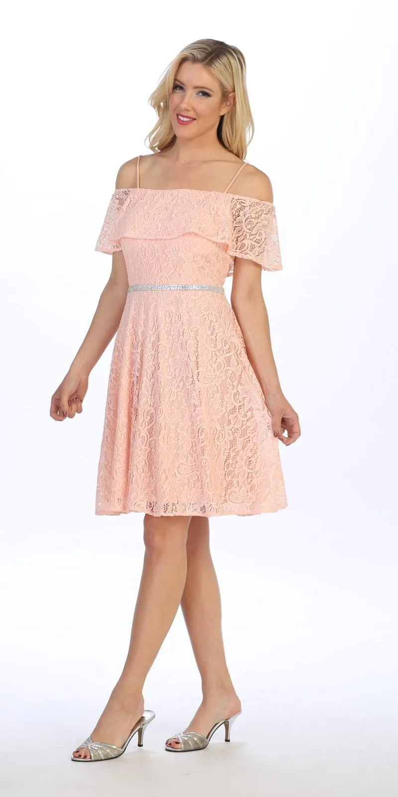 Celavie 6317 Ruffled Off Shoulder Lace A-Line Dress