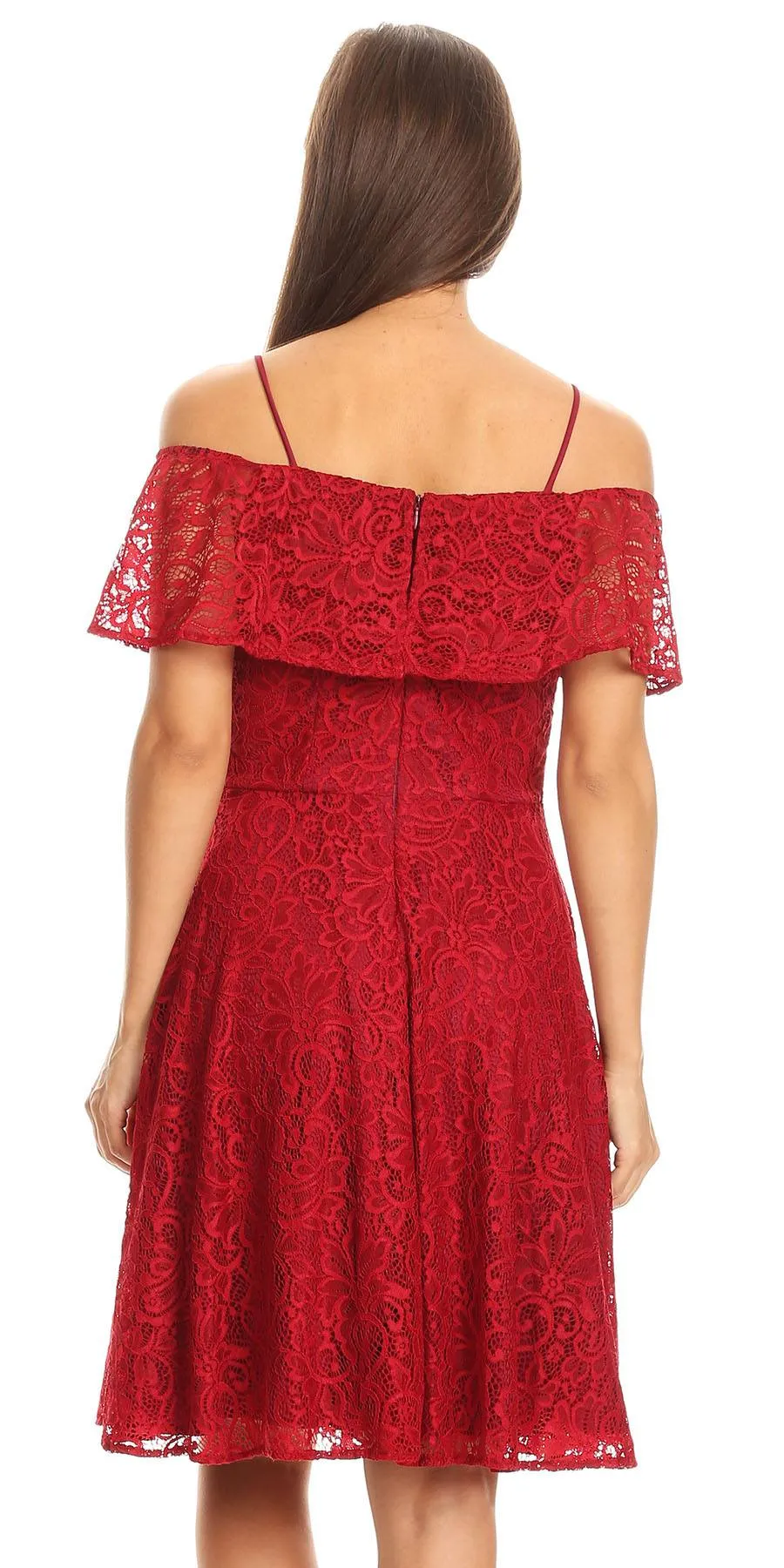Celavie 6317 Ruffled Off Shoulder Lace A-Line Dress