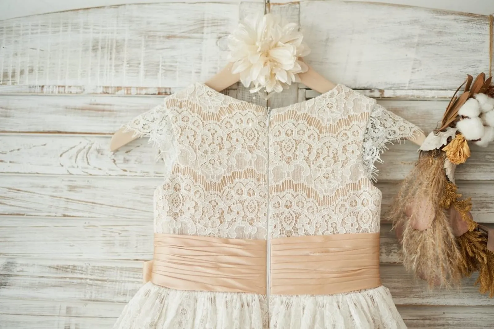 Champagne Satin Ivory Lace Cap Sleeves Wedding Flower Girl Dress, Bow Belt