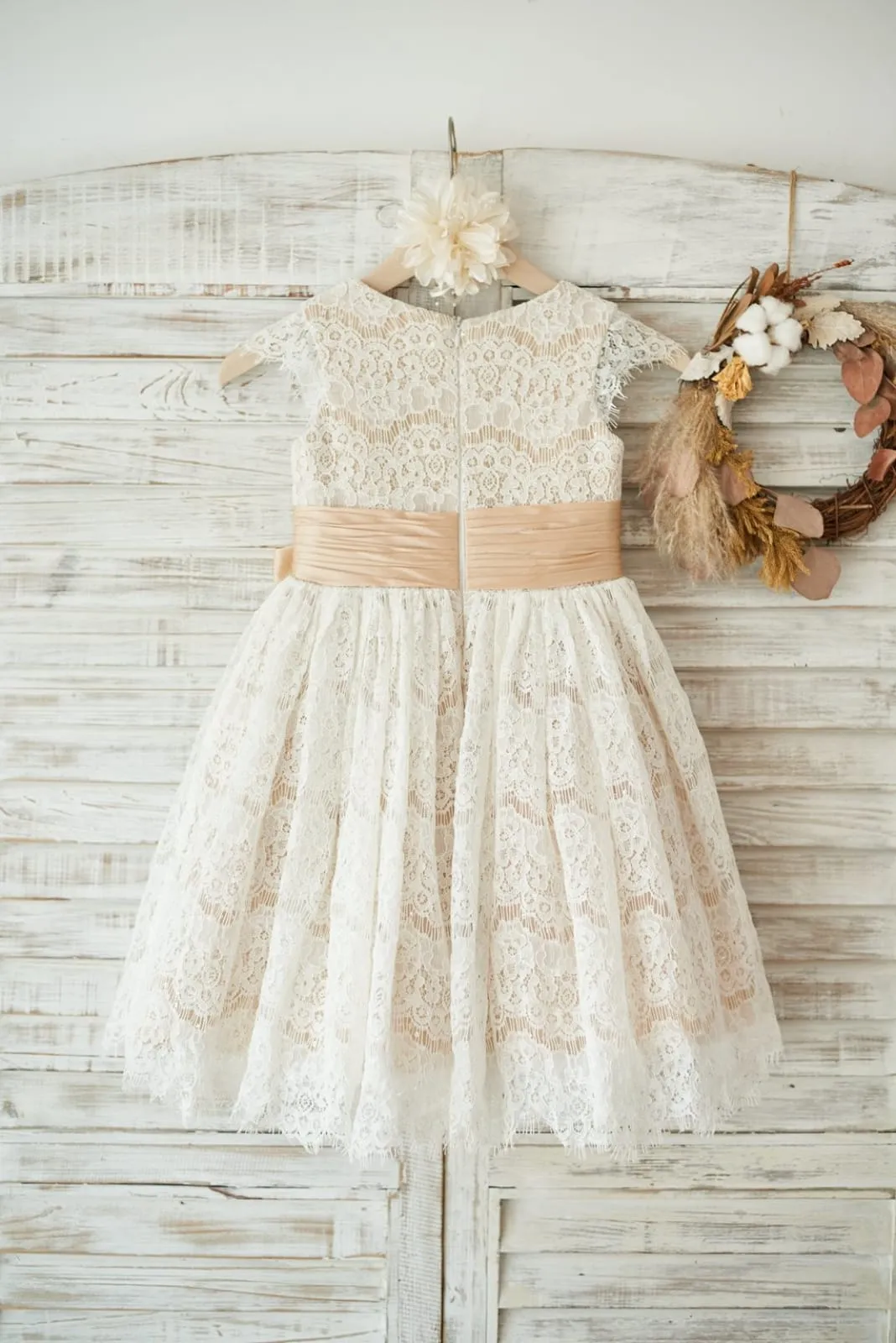 Champagne Satin Ivory Lace Cap Sleeves Wedding Flower Girl Dress, Bow Belt