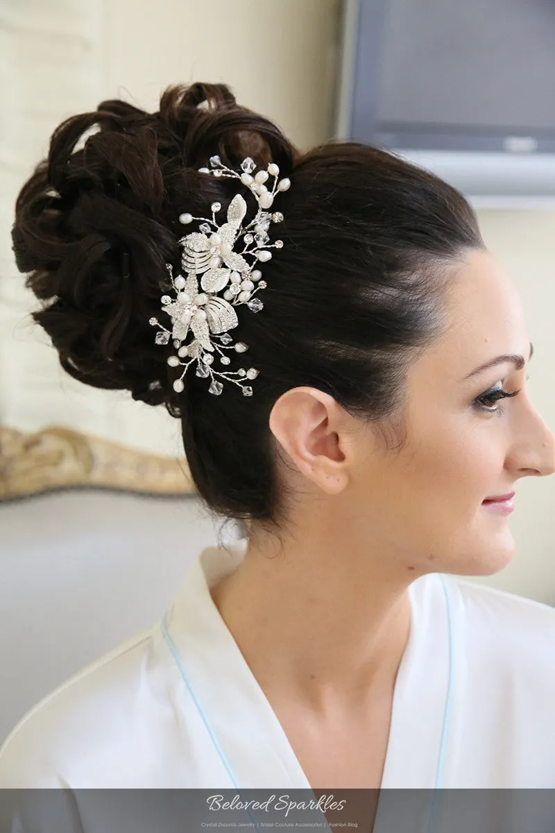Ciana Ribbon White Pearl Spray Hair Clip | Swarovski Crystal