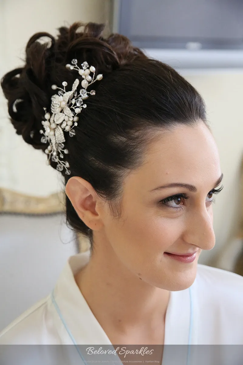 Ciana Ribbon White Pearl Spray Hair Clip | Swarovski Crystal