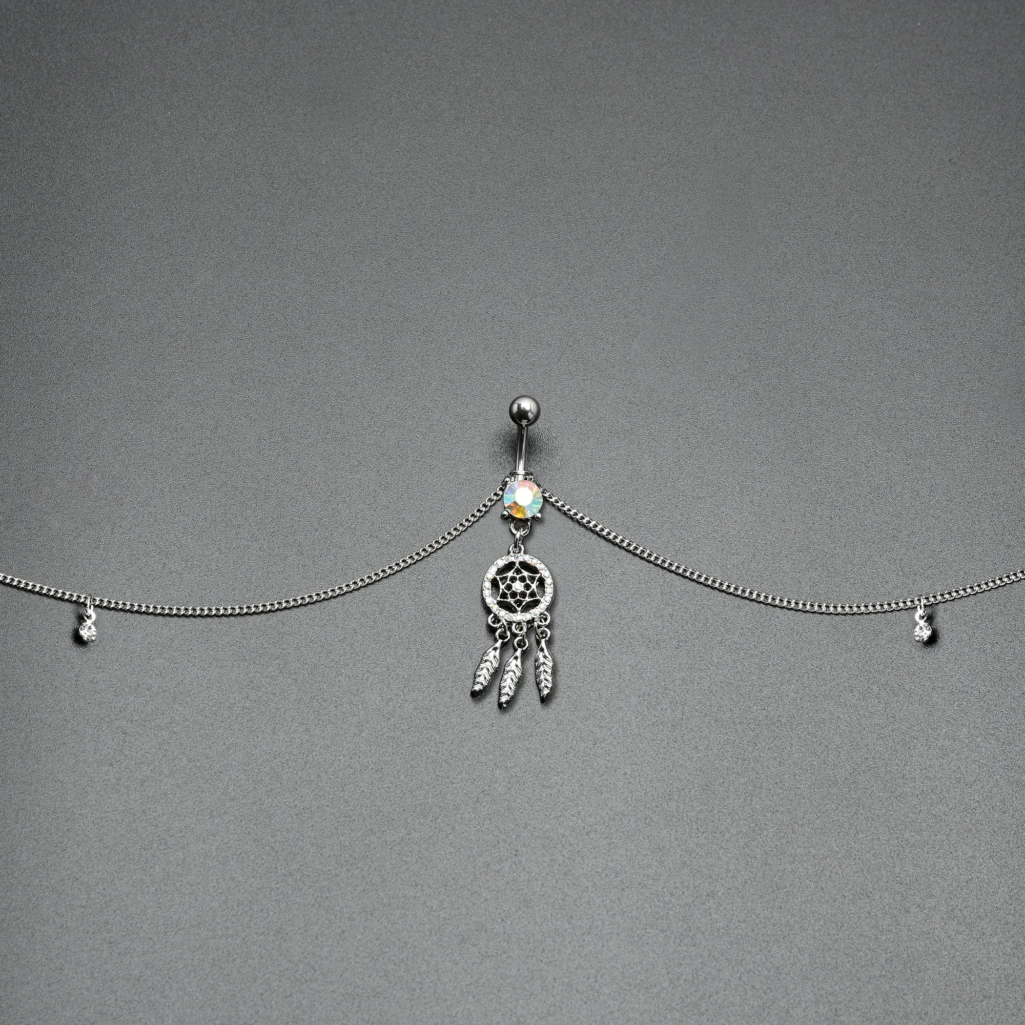 Clear Aurora Gem Southwest Dreamcatcher Dangle Belly Ring Belly Chain