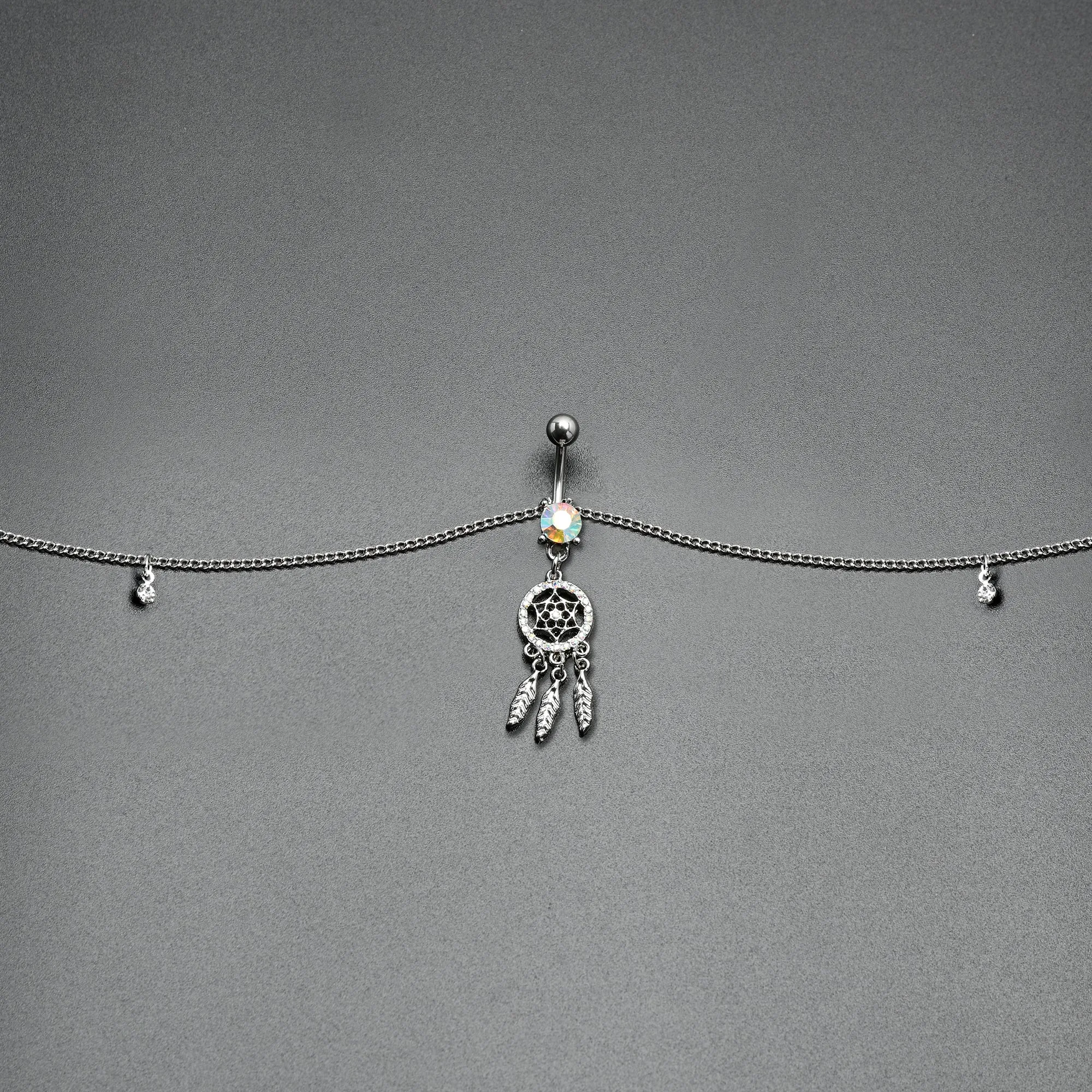 Clear Aurora Gem Southwest Dreamcatcher Dangle Belly Ring Belly Chain