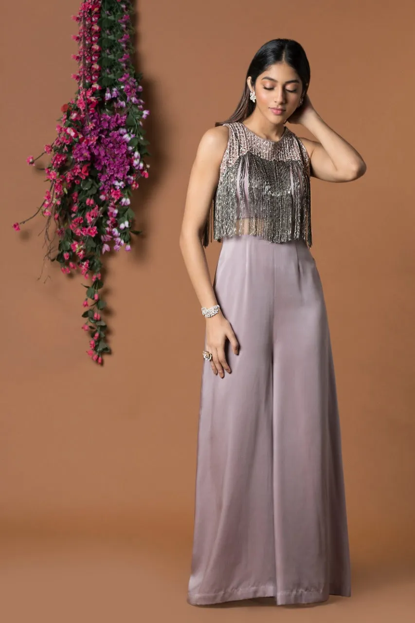 COFFEE JUMPSUIT WITH HANGING CHAINS EMBROIDERY