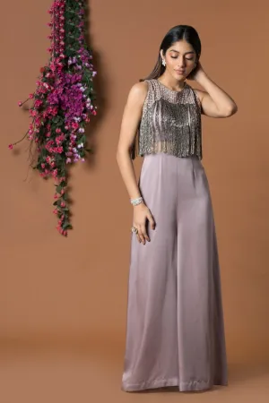 COFFEE JUMPSUIT WITH HANGING CHAINS EMBROIDERY