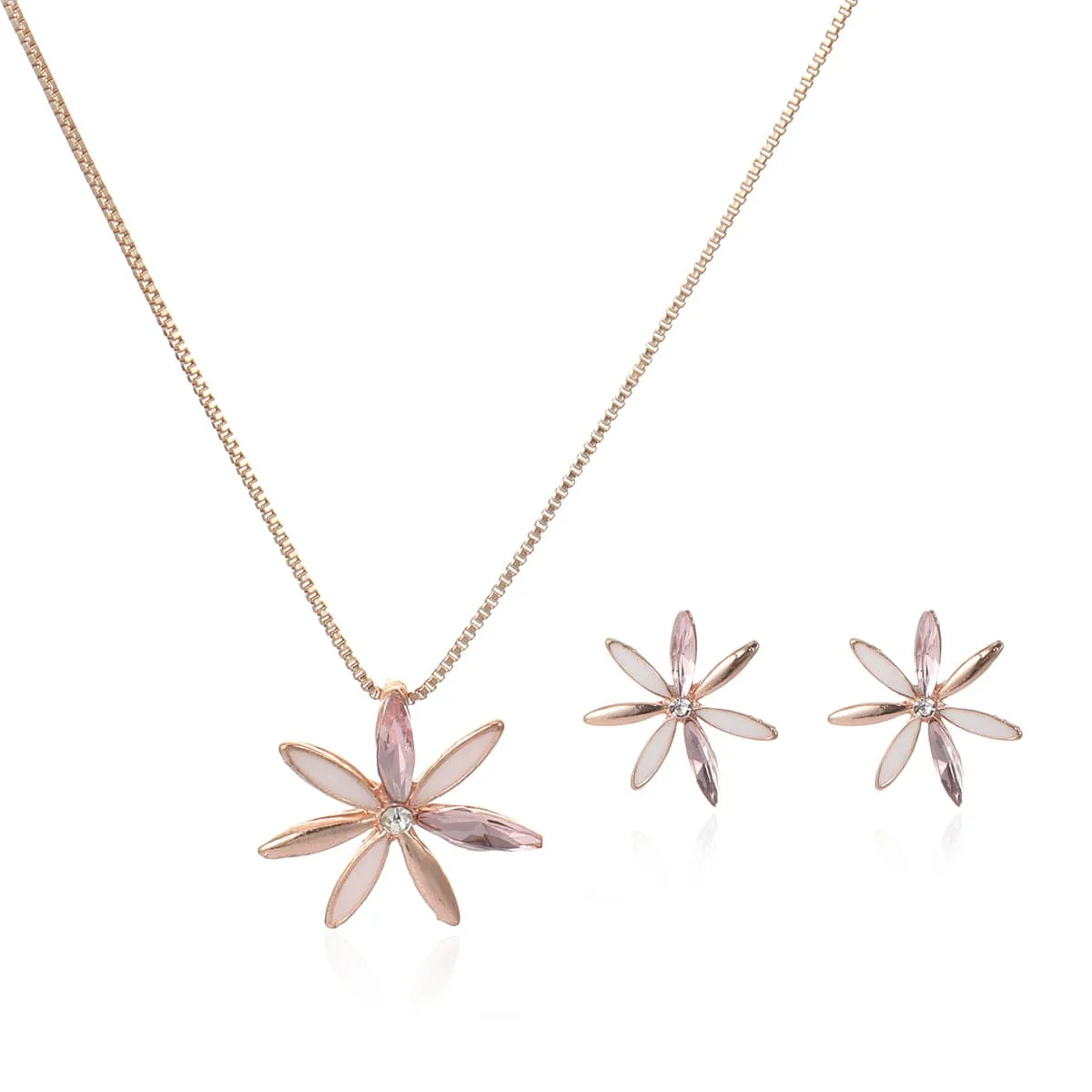 Crystal & Enamel 18K Rose Gold-Plated Flower Stud Earrings & Pendant Necklace