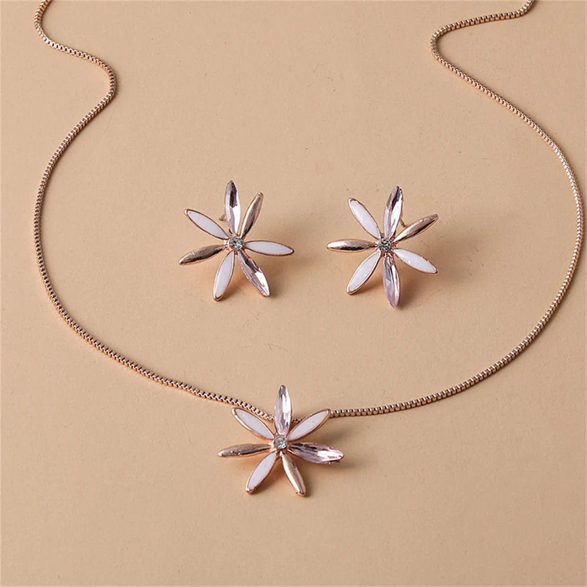 Crystal & Enamel 18K Rose Gold-Plated Flower Stud Earrings & Pendant Necklace