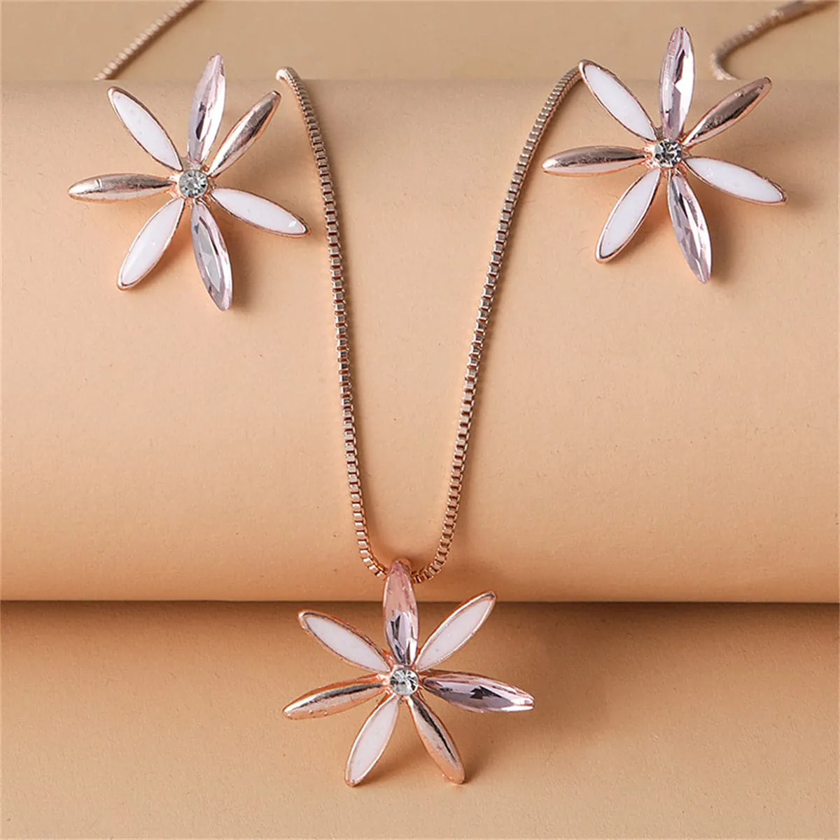Crystal & Enamel 18K Rose Gold-Plated Flower Stud Earrings & Pendant Necklace