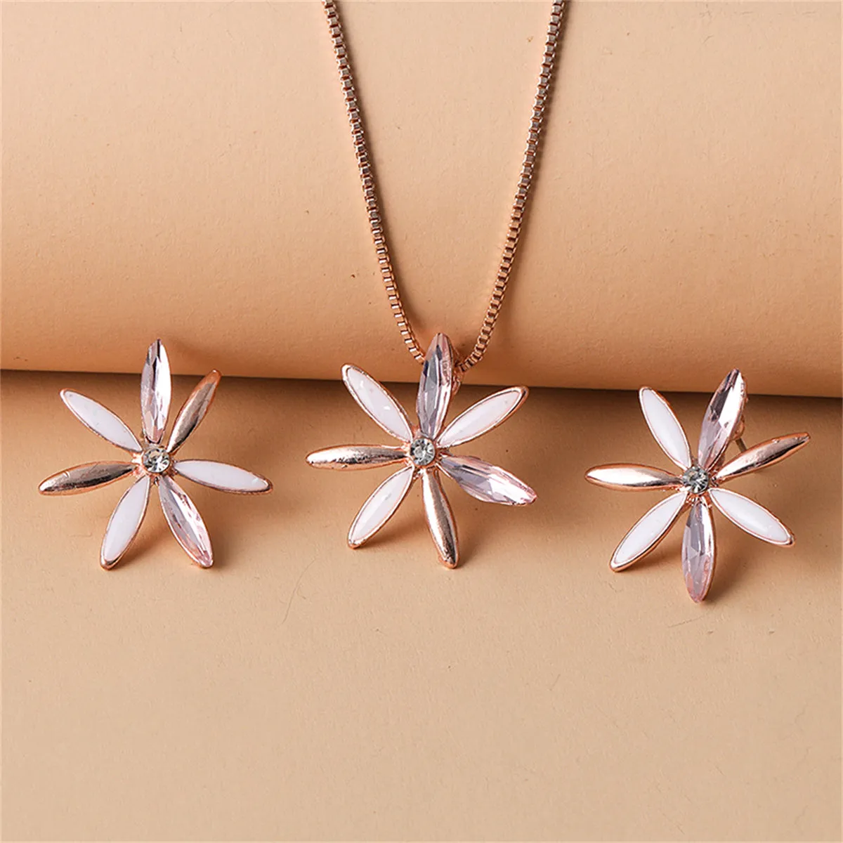 Crystal & Enamel 18K Rose Gold-Plated Flower Stud Earrings & Pendant Necklace