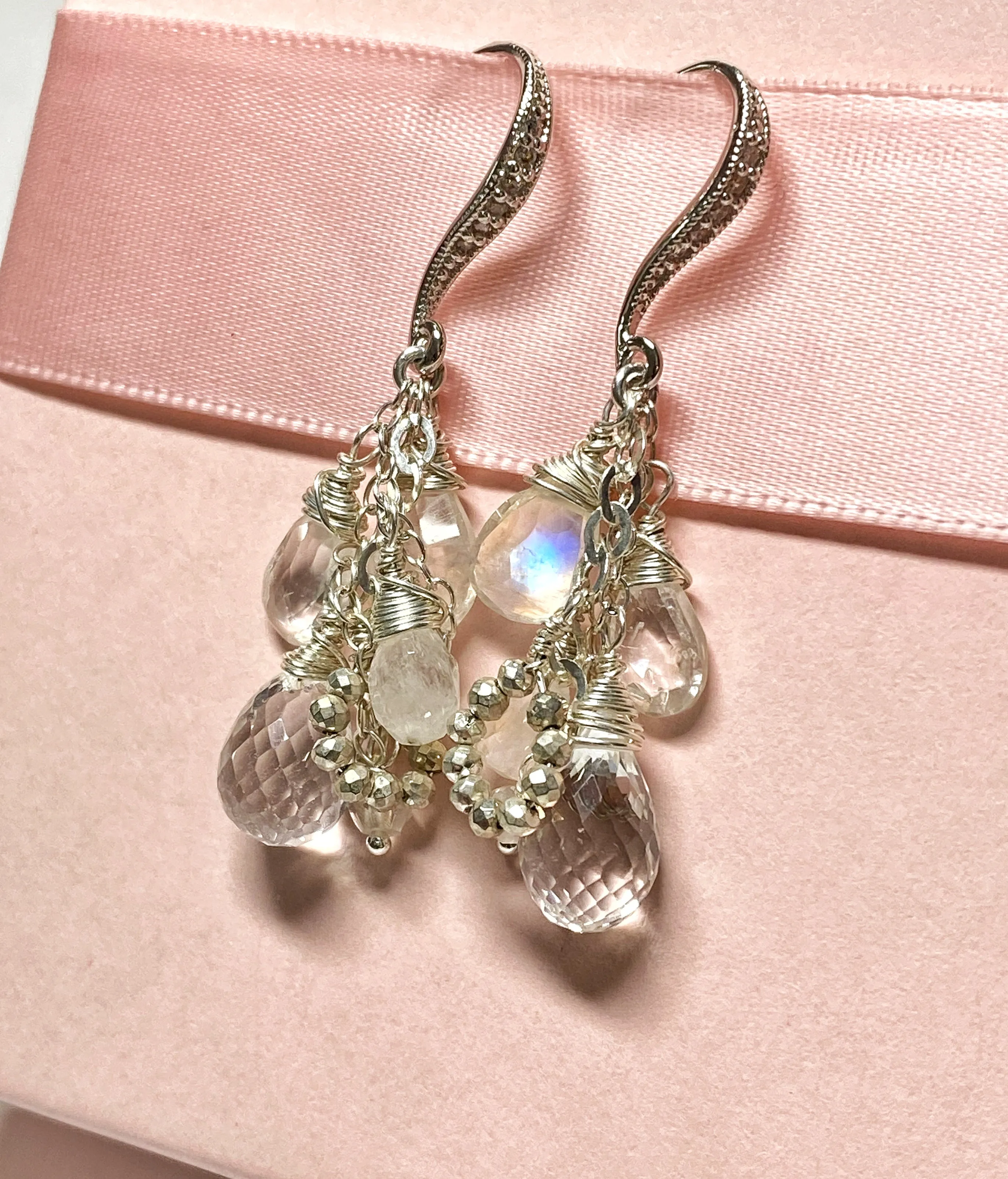 Crystal Quartz Dangle Earrings Sterling Silver Moonstone