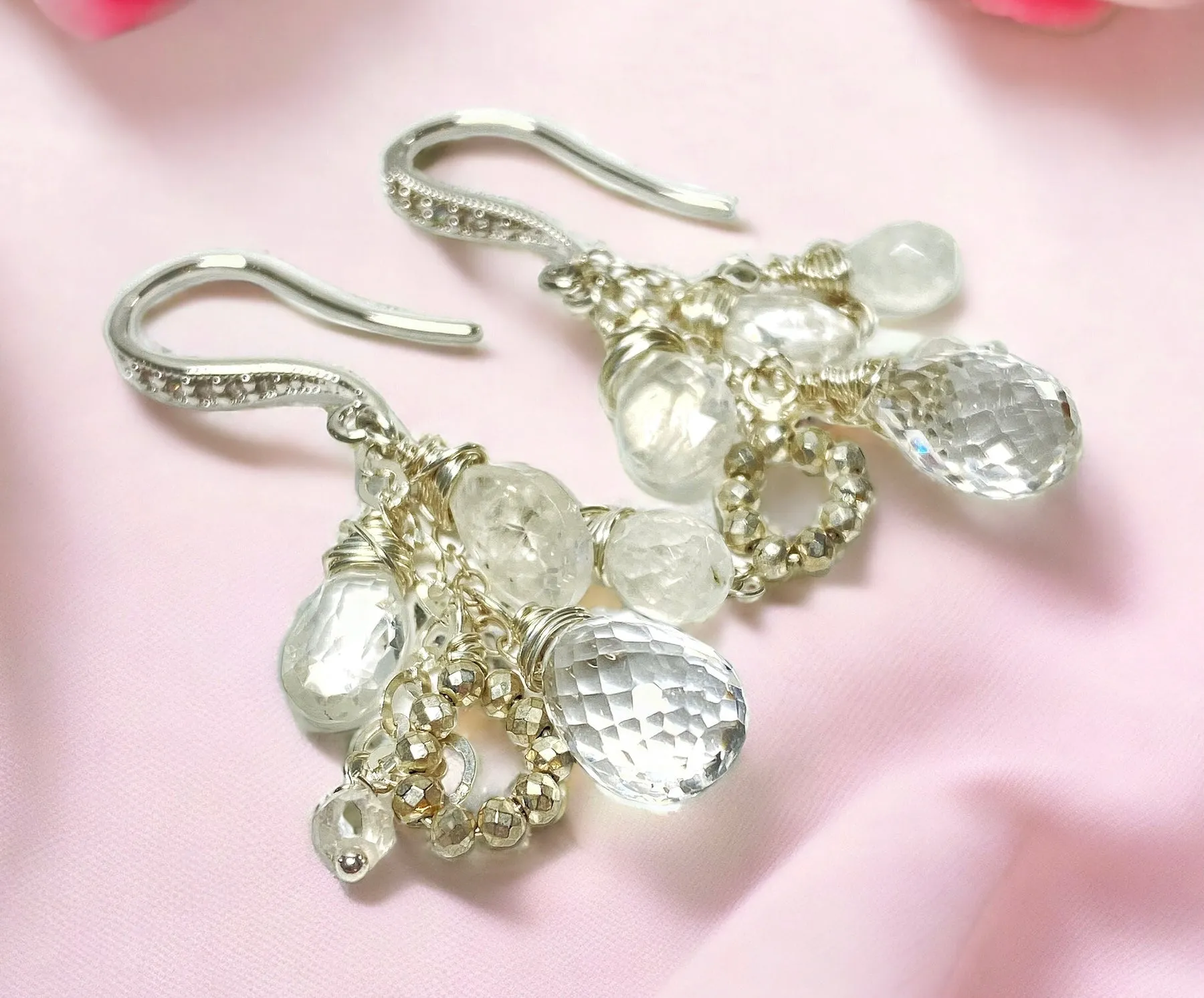 Crystal Quartz Dangle Earrings Sterling Silver Moonstone