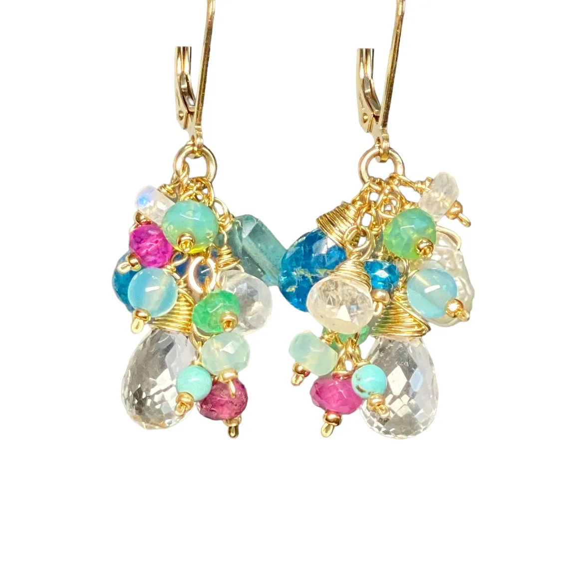 Crystal Quartz Dangle Earrings with Multi Gemstone Cluster 7
