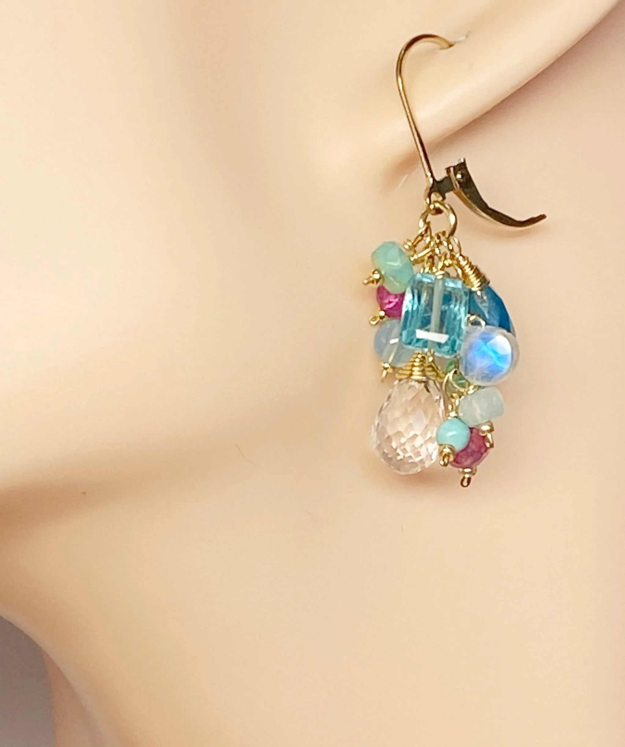 Crystal Quartz Dangle Earrings with Multi Gemstone Cluster 7