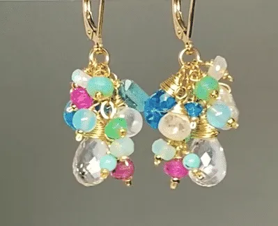 Crystal Quartz Dangle Earrings with Multi Gemstone Cluster 7