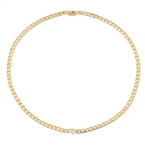 Curb Link Chain Necklace w/ Pear Diamond Center in Yellow Gold
