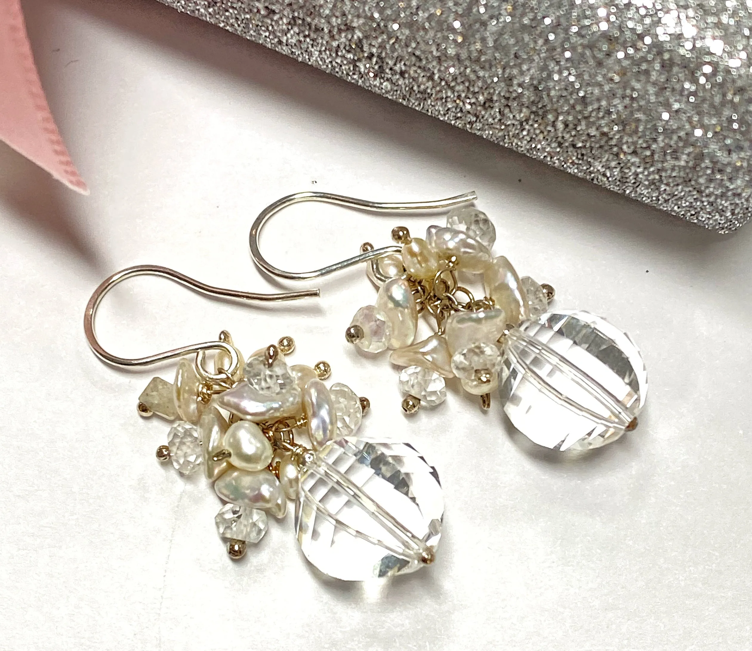 Cut Crystal Quartz, Keishi Pearl Cluster Earrings, Sterling Silver