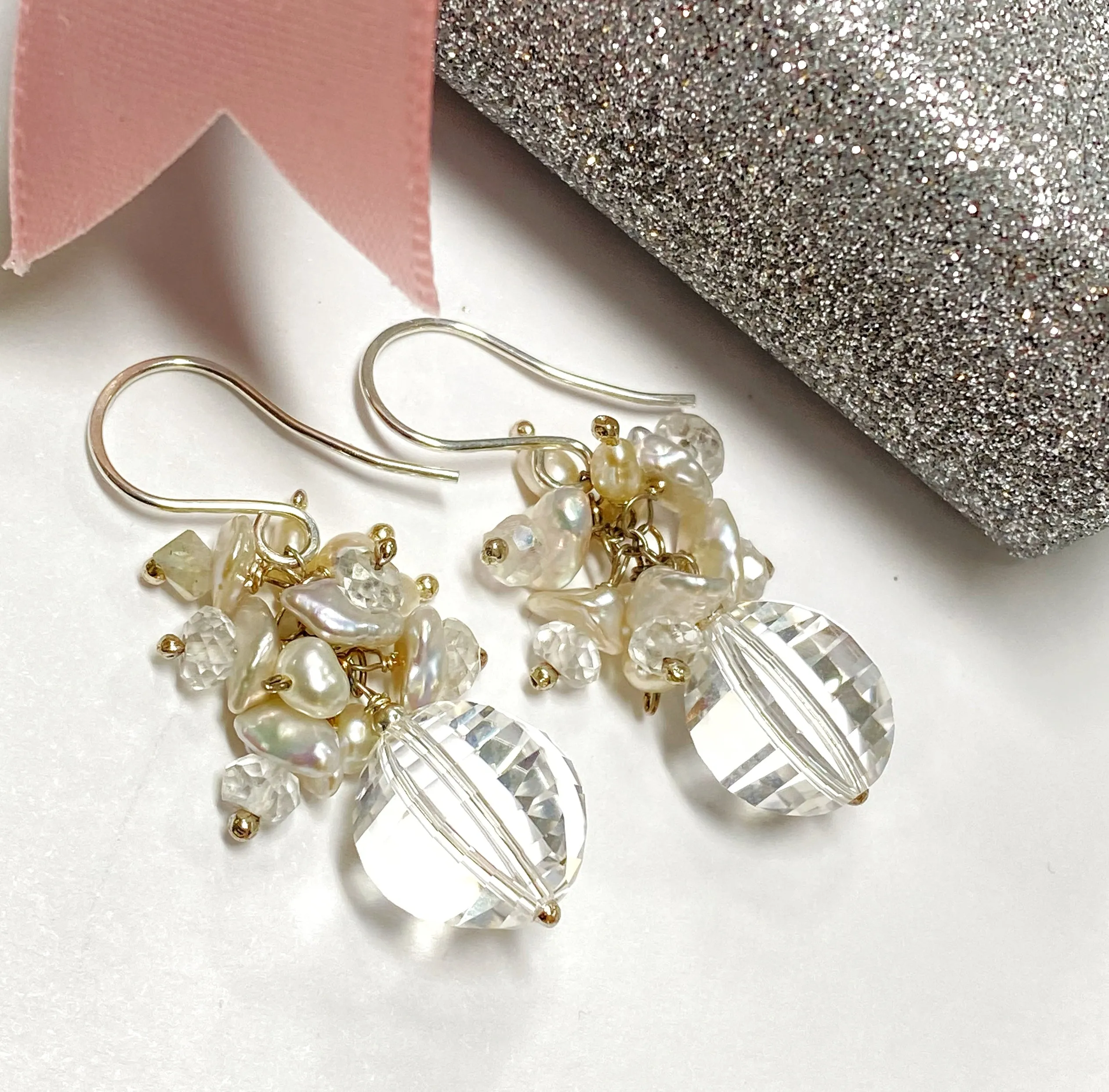 Cut Crystal Quartz, Keishi Pearl Cluster Earrings, Sterling Silver