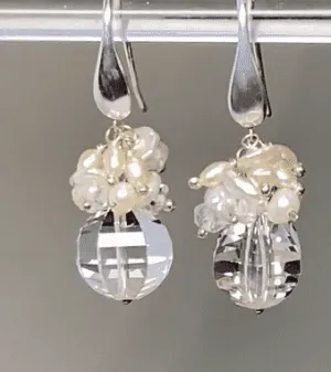 Cut Crystal Quartz, Keishi Pearl Cluster Earrings, Sterling Silver