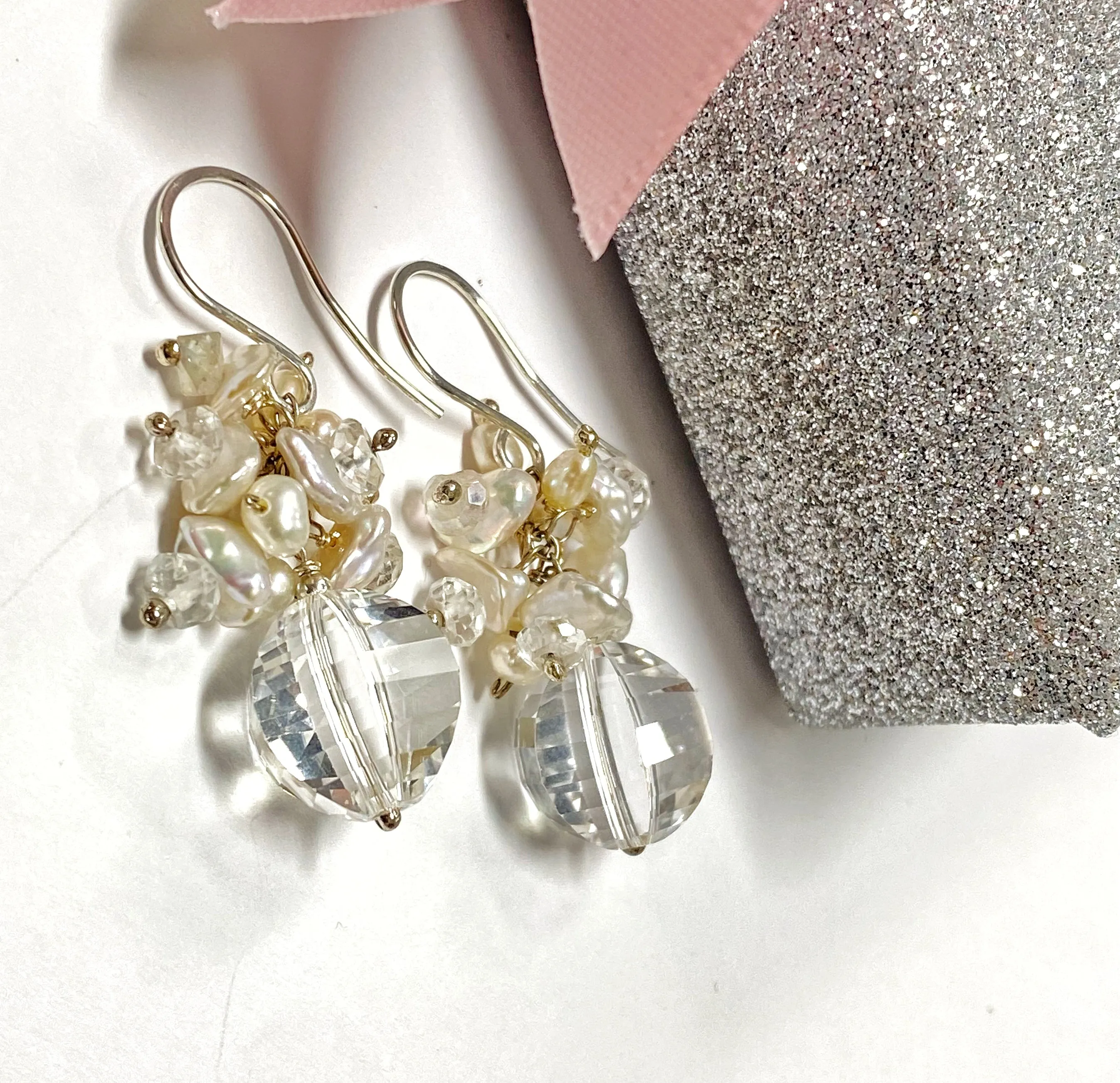Cut Crystal Quartz, Keishi Pearl Cluster Earrings, Sterling Silver