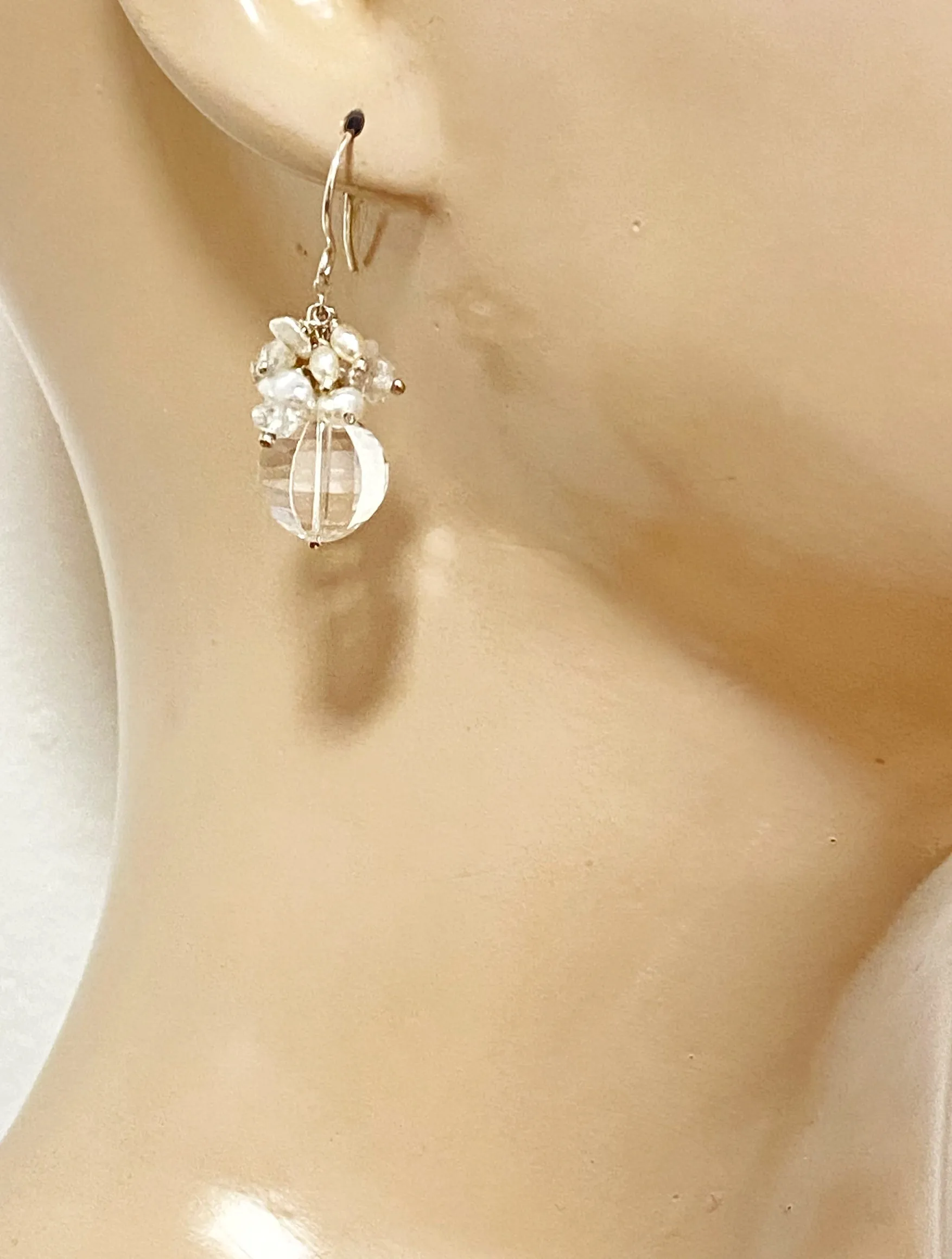 Cut Crystal Quartz, Keishi Pearl Cluster Earrings, Sterling Silver