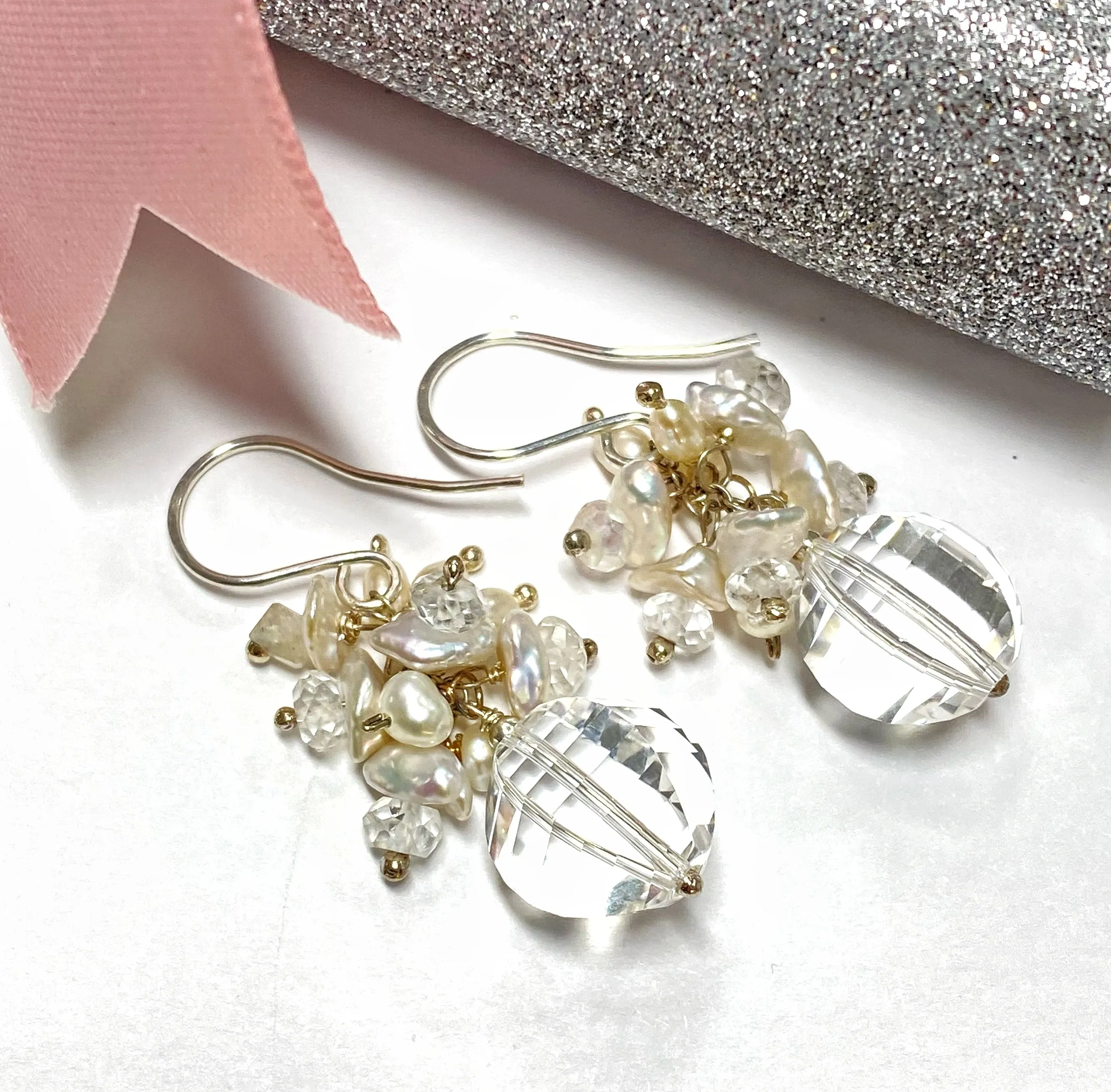 Cut Crystal Quartz, Keishi Pearl Cluster Earrings, Sterling Silver