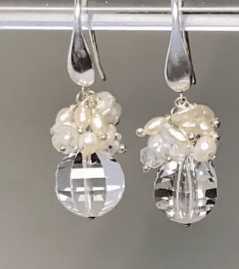 Cut Crystal Quartz, Keishi Pearl Cluster Earrings, Sterling Silver